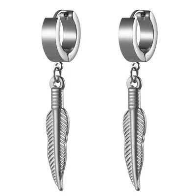 Pendientes colgantes de plumas de acero inoxidable con bisagras Huggie para hombre y mujer 2 un. Foto 1 de 4