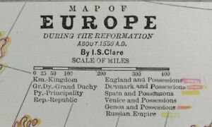 Vintage 1900 EUROPE REFORMATION 1550AD Map Old Antique Original ISRAEL S. CLARE 