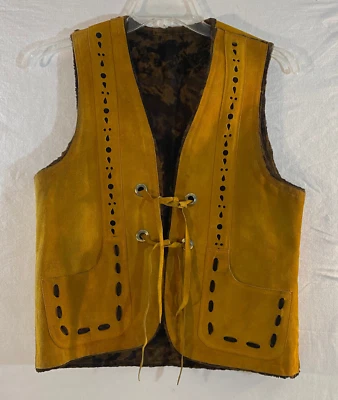 Yellow Goldenrod Handmade Suede Leather Vest w/ Faux Cow Hide Lining WELL-WORN - Image 1 of 4