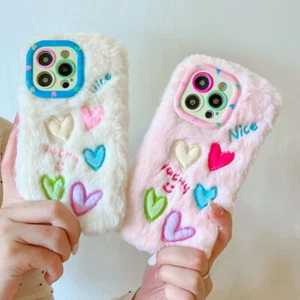 Fluffy Case LOVE Pattern Stand Plush Cover For iPhone 16 15 Pro Max 14 13 12 11 - Imagen 1 de 12