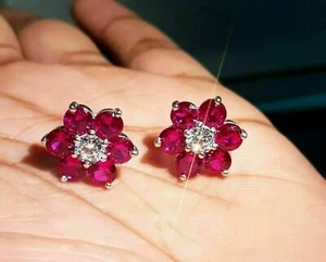 14K White Gold Over 2.3Ct Round Cut Simulated Red Ruby Flower Stud Gift Earrings - Picture 1 of 5