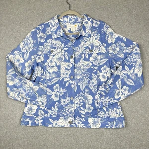 C&C California Linen Trucker Jacket Womens L Lightweight Floral Beachy Coastal - Picture 1 of 14