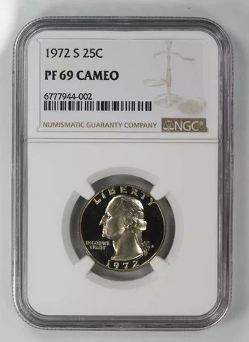 1972 S PROOF WASHINGTON QUARTER 25C NGC CERTIFIED PF 69 CAMEO (002) Cover