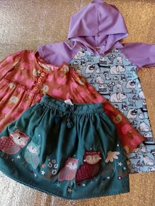 TU, NEXT Age 2/3yrs Girls Owl Green Cord Lined Skirt🦉Cats & Dogs Hooded Dress😻 - Picture 1 of 21