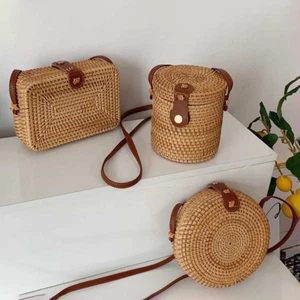 Handwoven Round Rattan Bag Shoulder Leathe - Circle, Square and Cylindrical Bags - Picture 1 of 8