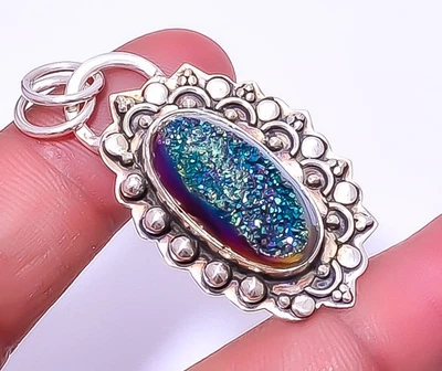 Colgante de plata de ley 925 con piedras preciosas de ágata pavo real de titanio 1,95" A39 Foto 1 de 4