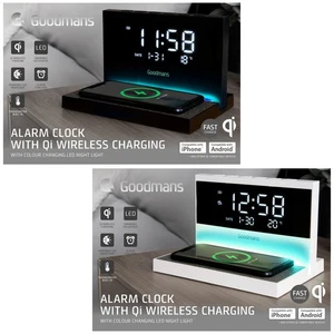 GOODMANS Qi Wireless Fast Charging Alarm Clock Dimmable Night Light -Black/White - Picture 1 of 7