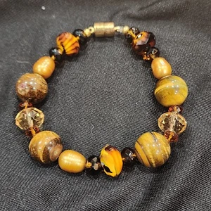 Large Natural Tigers Eye With Faceted Glass Beads Handmade Womens Bracelet. - Picture 1 of 7