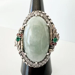 JADE OF YESTERYEAR Joy Sterlingsilber Ring Jade CZ Granat Drache Cocktail Kühn - Bild 1 von 11