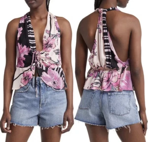 NWT Free People Hot Tropics Floral Halter V-Neck Peplum Tank Top Dark Combo M - Picture 1 of 6