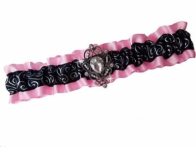 PLUS SIZE Handmade PINK SILVER BLACK Wedding Prom GARTER with Rhinestone Pendant - Image 1 of 3
