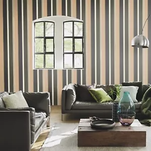 Black White Green Wallpaper Stripes Metallic Gold Textured Retro Vinyl Striped - Picture 1 of 5