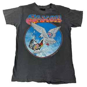 T-shirt homme saxon vintage 1983 World Conqueror heavy metal noir moyen années 80