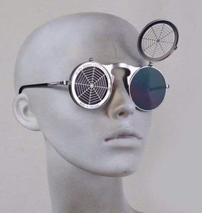 round silver flip up sunglasses vintage Cosplay Steampunk spider web Halloween - Picture 1 of 2