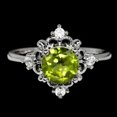 NATURAL AAA GREEN PERIDOT ROUND & WHITE CZ STELRING 925 SILVER RING SIZE 7 - Image 1 of 4