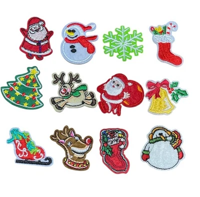 KDS 12pc Set Christmas Theme 30mm-45mm Embroidered Iron On Patches Applique