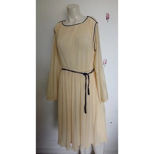 Vintage Yellow Navy Blue Trim Boat Neck Belted Dress Accordion Pleated Medium - Picture 1 of 6