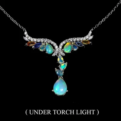 925 Sterling Silver Necklace Pear Fire Opal 9x7mm Sapphire Gemstone Jewelry 17in - Image 1 of 4