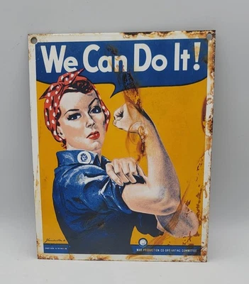 Letrero vintage de metal esmaltado de porcelana Rosie The Riveter We Can Do It envejecido Foto 1 de 4