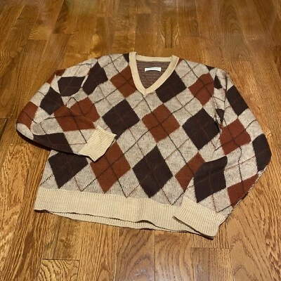 Suéter Retro Preppy Cuello en V de Golf Vintage Años 70 80 Marrón Diamante Rayas Talla M Foto 1 de 4