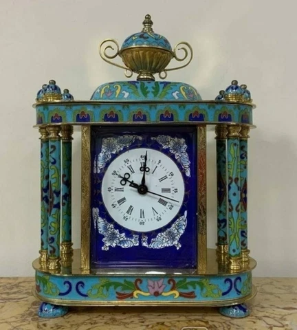 Vintage Mantel Clock Desk Brass Glass Enamel Mechanical Floral Decor Vase Table Cover