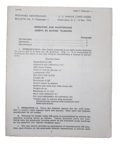 WWII ~ 1943 USMC Unertl 8X Snipers Scope Ordnance Maintenance Pamphlet ~ 4 Pages - Picture 1 of 2