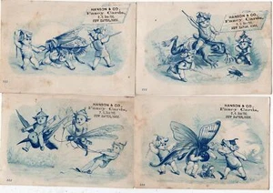 JUEGO/4 CARTAS VICTORIANAS FANTASY INSECTOS RANA LIBÉLULA ABEJA HANSON CO NEW HAVEN CT - Imagen 1 de 6