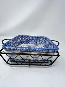 Temptations by Tara Old World Blue 1.5 qt Square Baking Dish, Carrier & Trivet - Picture 1 of 10