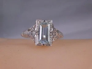 Anillo de aguamarina corte esmeralda de 2,36 quilates estilo filigrana plata esterlina estilo década de 1920 - Imagen 1 de 8