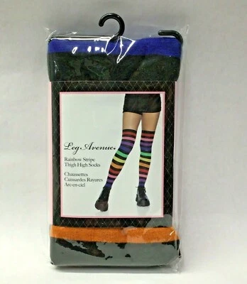 Aurora Rainbow Striped Thigh Highs Ribbed Cosplay Pride Rave Emo Costume Socks - Image 1 of 2