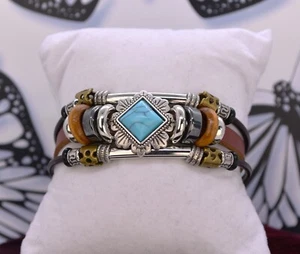 1pc Men's/Women's PU Turquoise Beaded Leather Bracelet Stainless Steel Buckle - Picture 1 of 6
