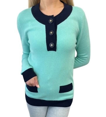 CHANEL Vintage 97C CC Logo Sweater Knit Top #S Green Dark Blue Cashmere Button - Image 1 of 4