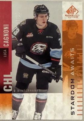 Luca Cagnoni Rookie 2023 SP Game Used CHL Orange Patterned Foilboard /99 #SA-LC - Image 1 of 2