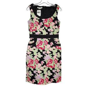 NEW Kay Unger Floral Sheath Dress S Black Green Red Stretch Denim Bold Roses - Picture 1 of 7