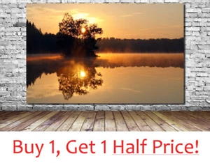 GOLDEN LAKES SUNSET SCENERY CANVAS WALL ART  Framed  YELLOW NATURE PICTURE PRINT - Picture 1 of 7