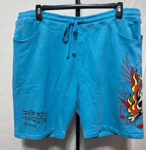 New Ed Hardy Men's Blue Fleece Shorts Flame Skull XXL 2X New NWT - Picture 1 of 7