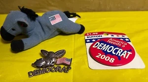 Vintage Democrat Donkey Pin/Pendant - Ty Beanie and 2008 Button - Picture 1 of 9