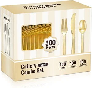 300 Pcs Heavy Duty Gold Plastic Silverware Set Disposable Cutlery Utensils Forks - Picture 1 of 1