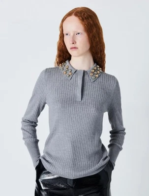 John Lewis Embellished Collar  100% Merino Wool Jumper - Grey - Size 8. RRP £149 - Image 1 of 4
