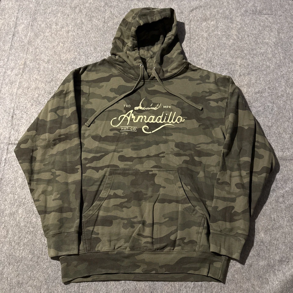 Armadillo Hat Co Camo Hoodie Sweater Mens Large Graphic Print Drawstrings Pocket - Image 1 of 4