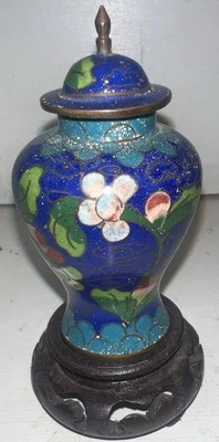 Antiguo tarro y soporte de jengibre cloisonné chino, 3 1/4", Mark China, antiguo 1891-1918  Foto 1 de 4