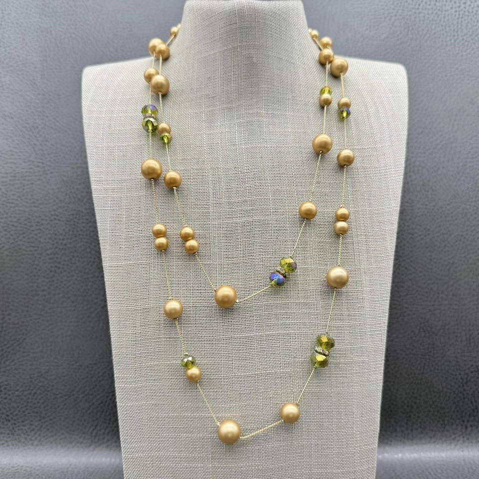 Collar Coldwater Creek Tono Dorado Cuentas Cristal Verde Largo Capas Hilo 36" Foto 1 de 1