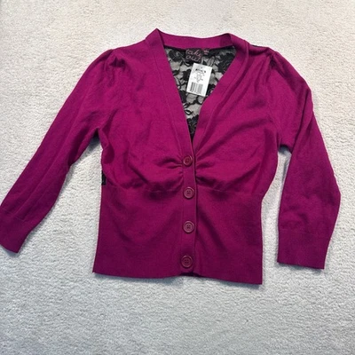 Take Out Womens Cardigan Sweater XL Purple Black Lace Back Long Sleeve NWT Y2k - Image 1 of 4