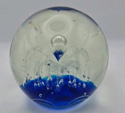 COBALT BLUE White Single Flower Sphere Glass Paperweight Controlled Bubbles Art - Image 1 of 4