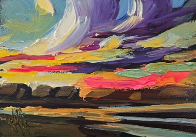 Vibrante Puesta de Sol Cielo Pintura Impresionismo Moderno Paisaje Arte Original Hawkins Foto 1 de 4