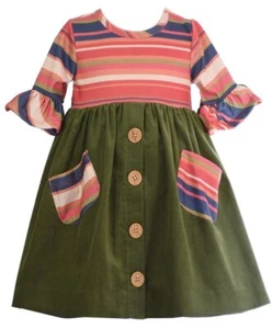 NWT Bonnie Jean Girls 5 Pink Stripe Bell Sleeve Pockets Green Corduroy Dress - Picture 1 of 2