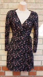 TOPSHOP PETITE BLACK PINK STAR PRINT WRAP LONG SLEEVE PLISSE DRESS 4 XXS - Picture 1 of 7