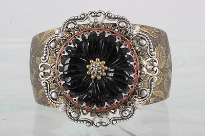 OLLIPOP USA VINTAGE CARVED FLOWER ONYX CORAL STONES TWO TONE CUFF BRACELET 3663 - Image 1 of 3