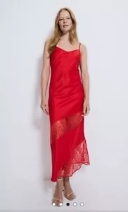 Red Satin Lace Cut Out Maxi Dress Size 14 Eur 42 Holiday Dress Summer - Picture 1 of 5