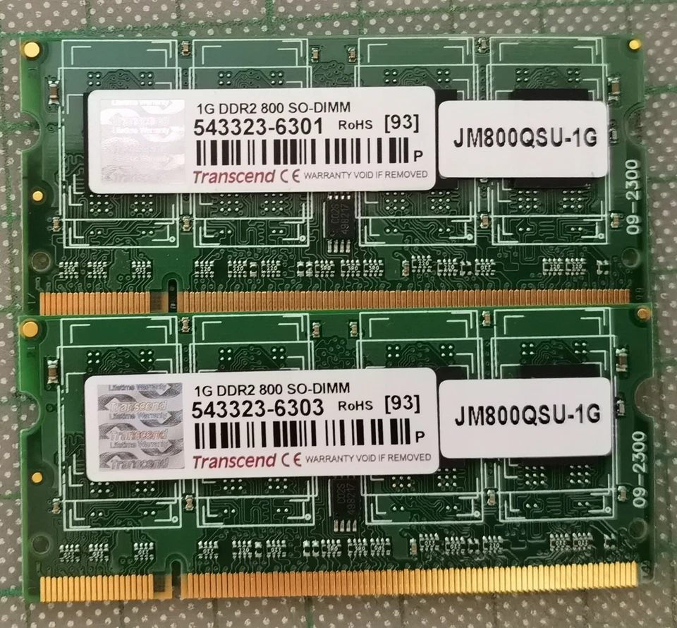 Transcend JM800QSU-1G 2GB (2x1GB) 800MHZ PC2-6400 DDR2 SO-DIMM 200PIN - Image 1 of 1
